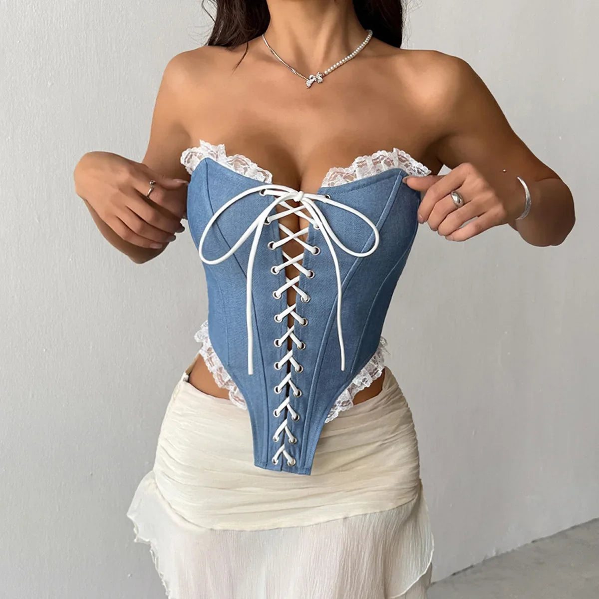 Sexy Imitates Denim Camisole Women Off Shoulder Lace Trim Bandage Cross Slim Fit Fishbone Tank Top 2026 Lady Club Party Vest