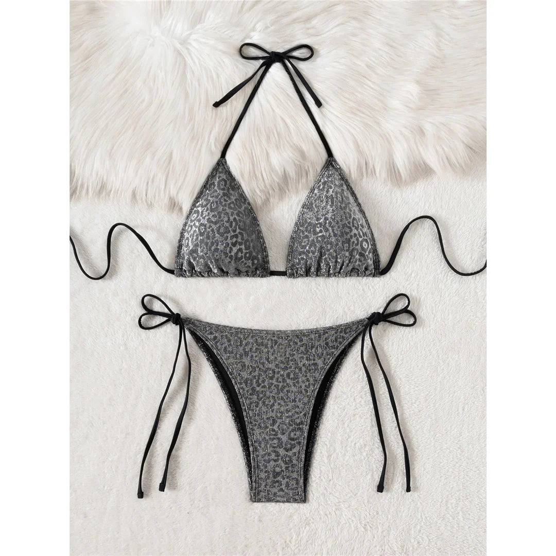 Sparkling Leopard Halter Bikini Female Swimsuit Women Swimwear Two-pieces Bikini set High Leg Cut Bather Bathing Suit Swim K7182