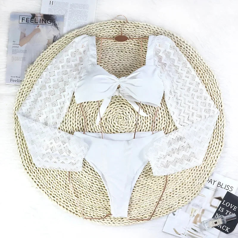 Two-Piece Swimwear Swimsuit Women Push Up Sexy Hollow Long Sleeves High Waist Bowknot Backless White Bikinis Set Bathing Suit