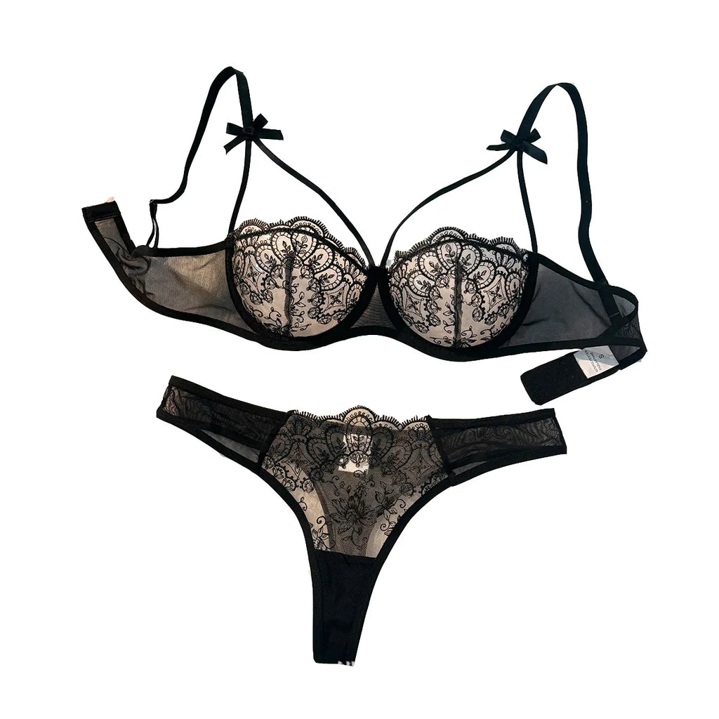 Black Floral Lace Lingerie Set Sheer Mesh Underwire Bra With Bow & Thong Women Sexy Underwear ZA824057