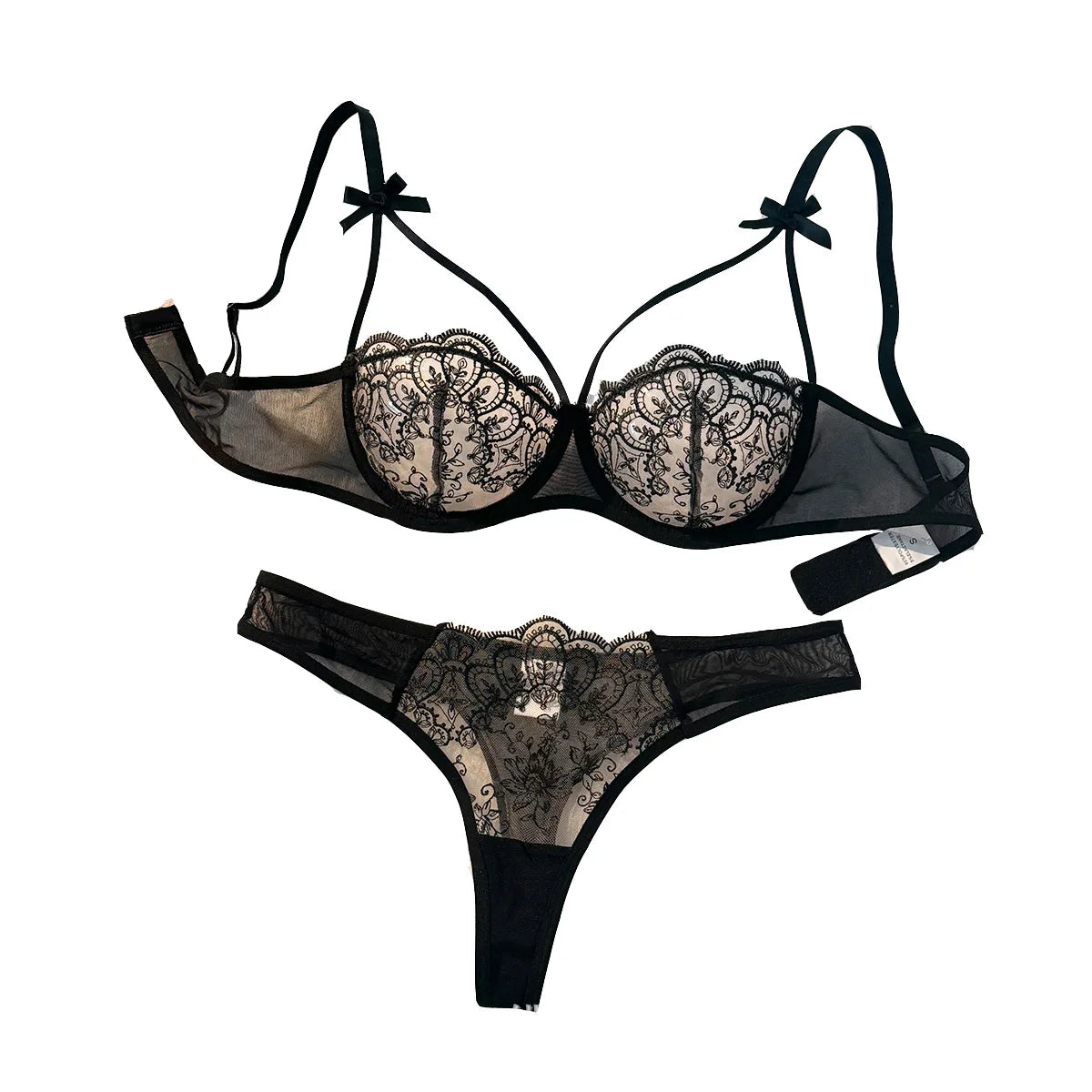 Black Floral Lace Lingerie Set Sheer Mesh Underwire Bra With Bow & Thong Women Sexy Underwear ZA824057