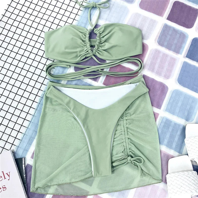 Wrap Around with Mesh Sarong Skirt Bikini Female Swimsuit Women Swimwear Three-pieces Bikini Set Beachwear Bathing Suit Swim