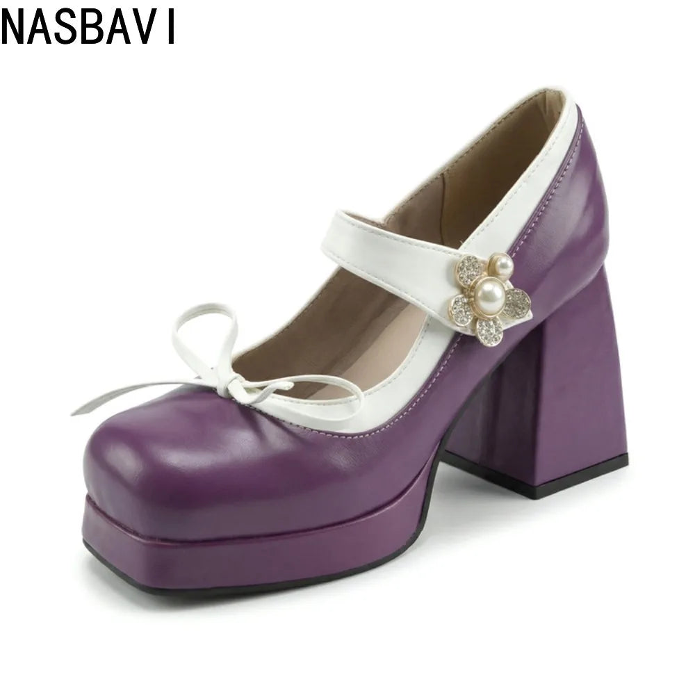 Purple Women Pumps Square Toe 9cm For Women Mary Janes Lolita Block Heel Platform Bowknot Princess Leather Shoes Big Size 34-48