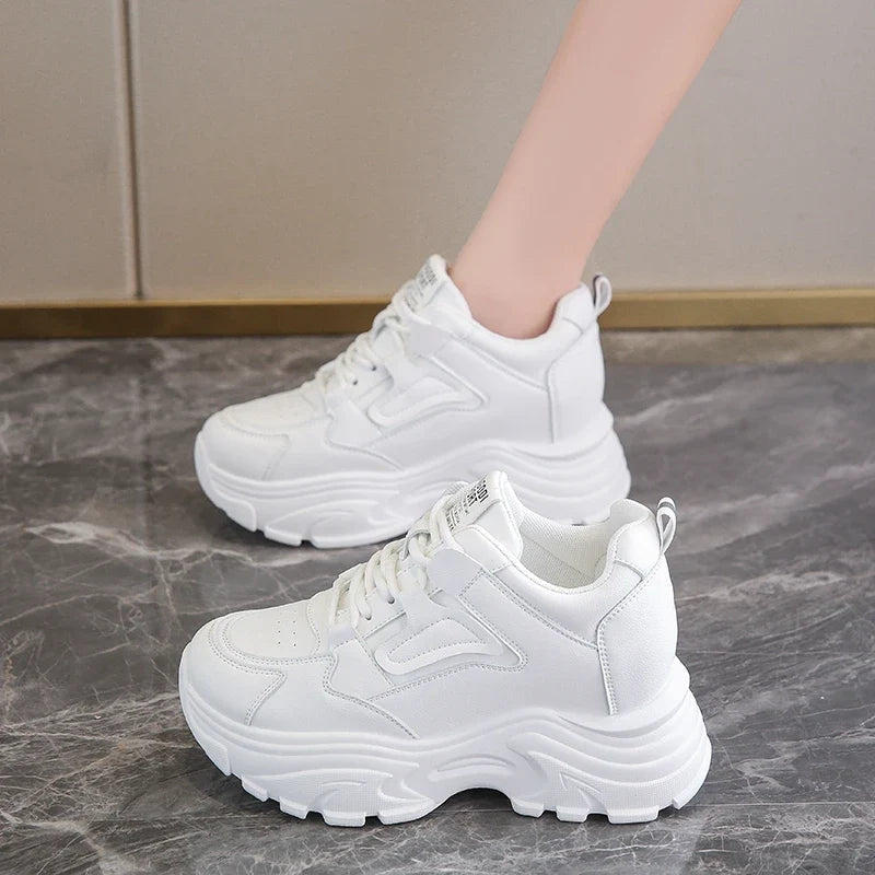 White Platform Women's Sneakers 2025 Autumn Lace-Up Thick Bottom Sports Shoes Woman Pu Leather Breathable Walking Shoes Female