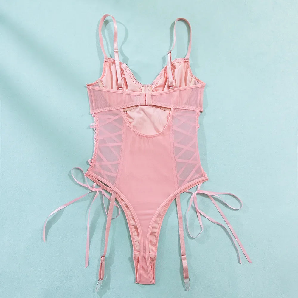 New Pink Sequin Hollow Out Bodysuits Elegant Backless Deep V Suspenders Sleeveless Bodysuits For Women Transparent Charming ZHAN