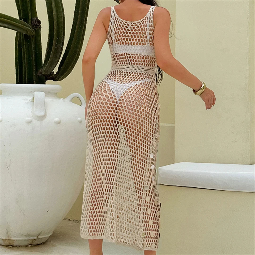 Shiny Sequins Hollow Out Crochet Knitted Tunic Beach Cover Up Cover-ups Beach Dress Mini Beach Wear Beachwear Female Women K6685