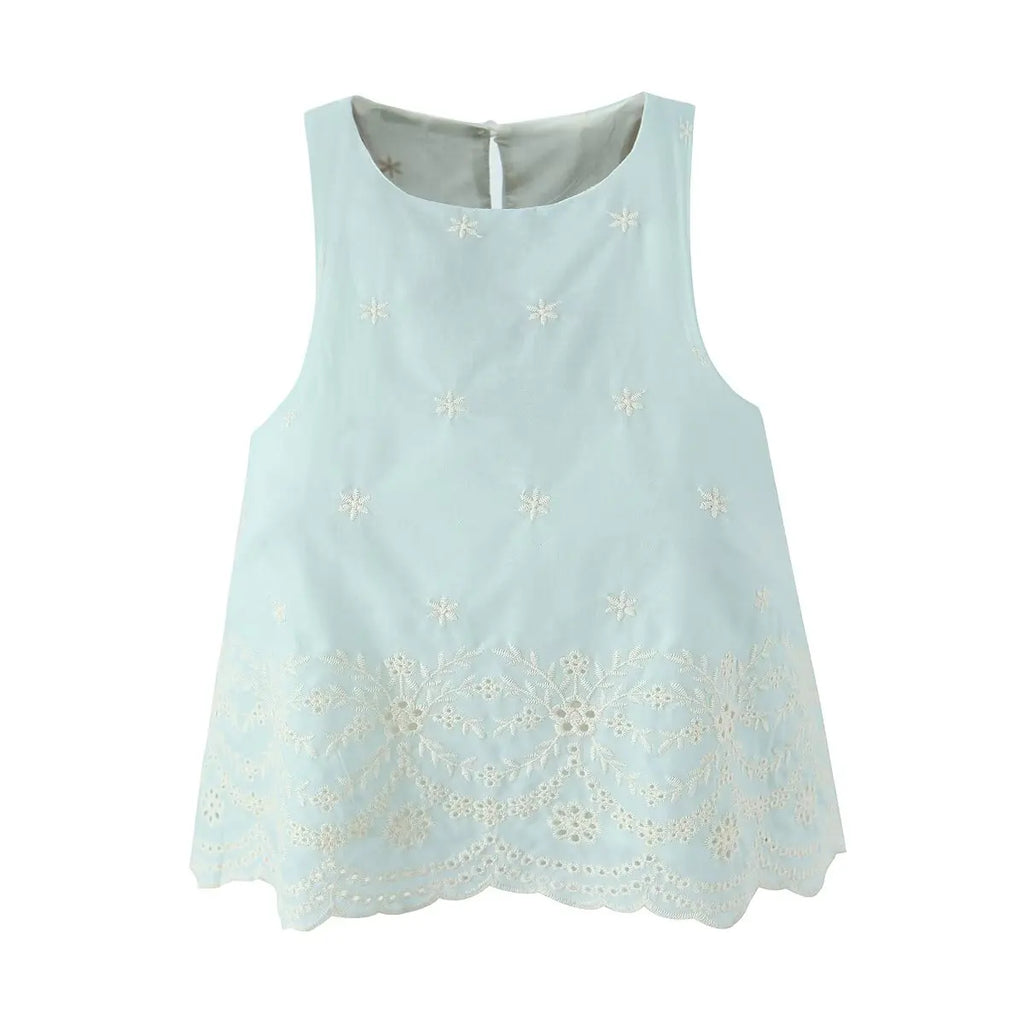 Sleeveless Top Skirt Two Pieces Matching Set for Women Light Blue Vintage Skirt Set French Style Embroidery Cotton Dress Set