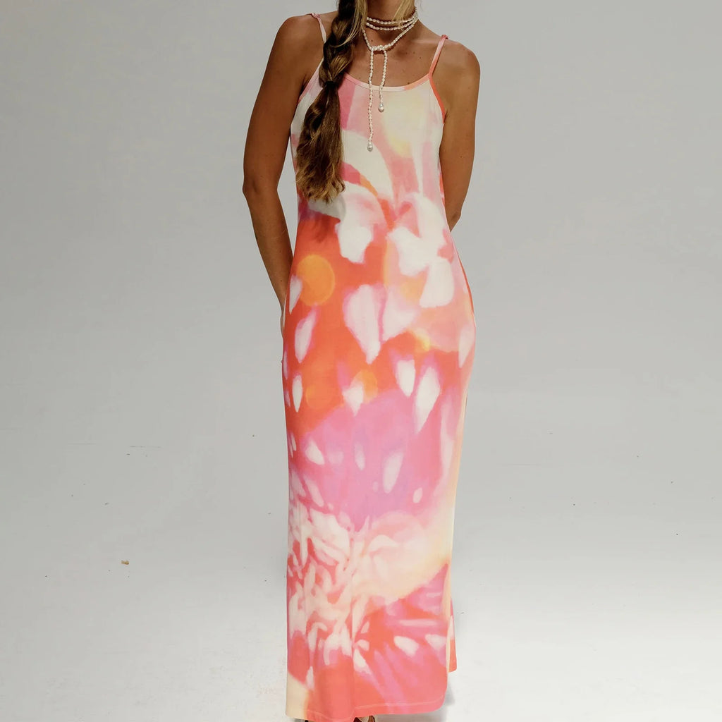 Summer Tie-Dye Floral Print Backless Party Dress Women Sleeveless Spaghetti Strap Sexy Bodycon Dress for Vacation Cocktail Beach