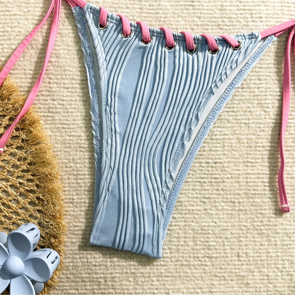 2025 Halter Wrinkled Weaved Bikini Women Swimwear Female Swimsuit Two Pieces Bikini Set Brazilian Bathing Suit Swim Beach Wear