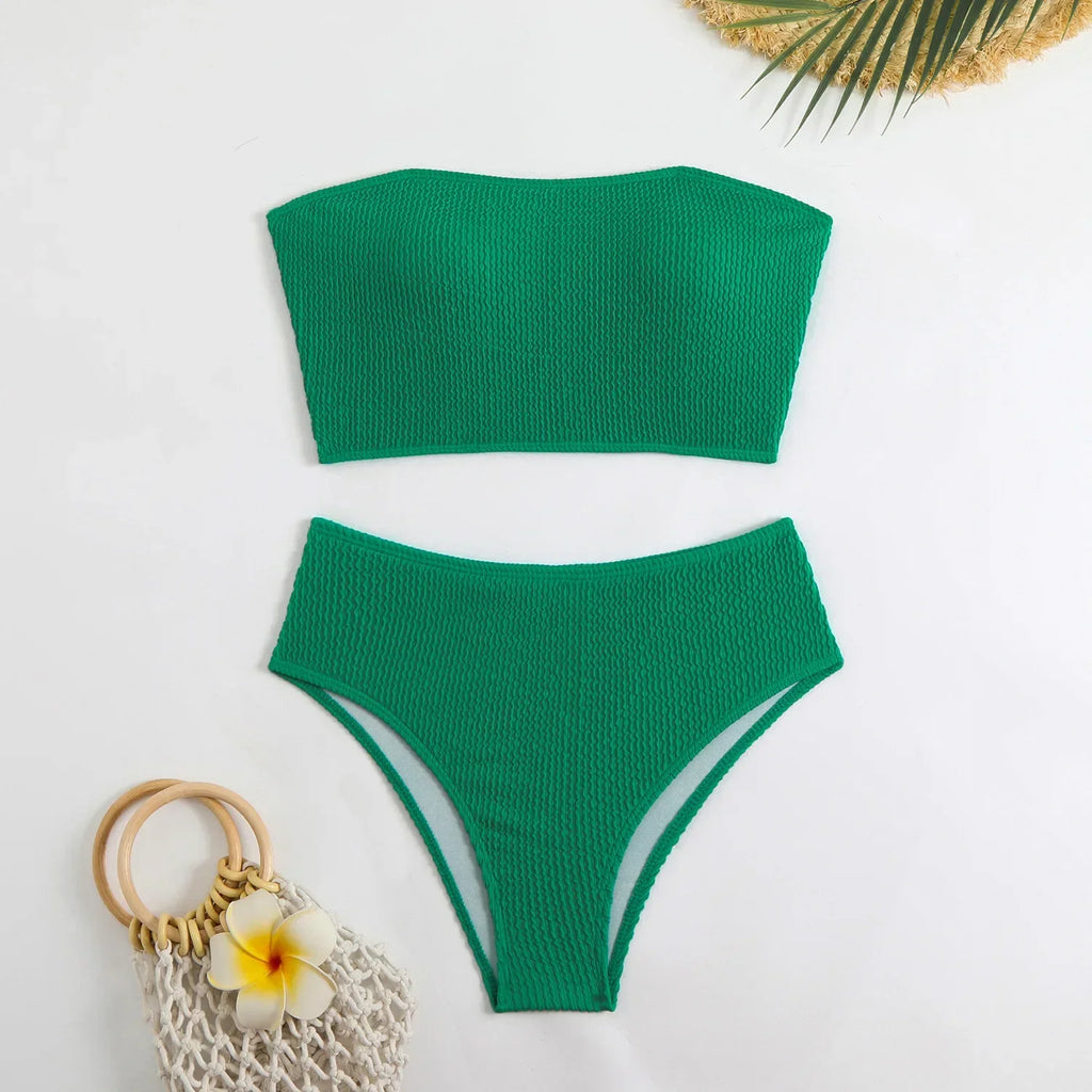 Sexy Bandeau Bikini 2025 Mujer Women Black Ribbed Push Up High Waist Swimsuit Summer Beach Bathing Suit Holiday Swimwear Biquini