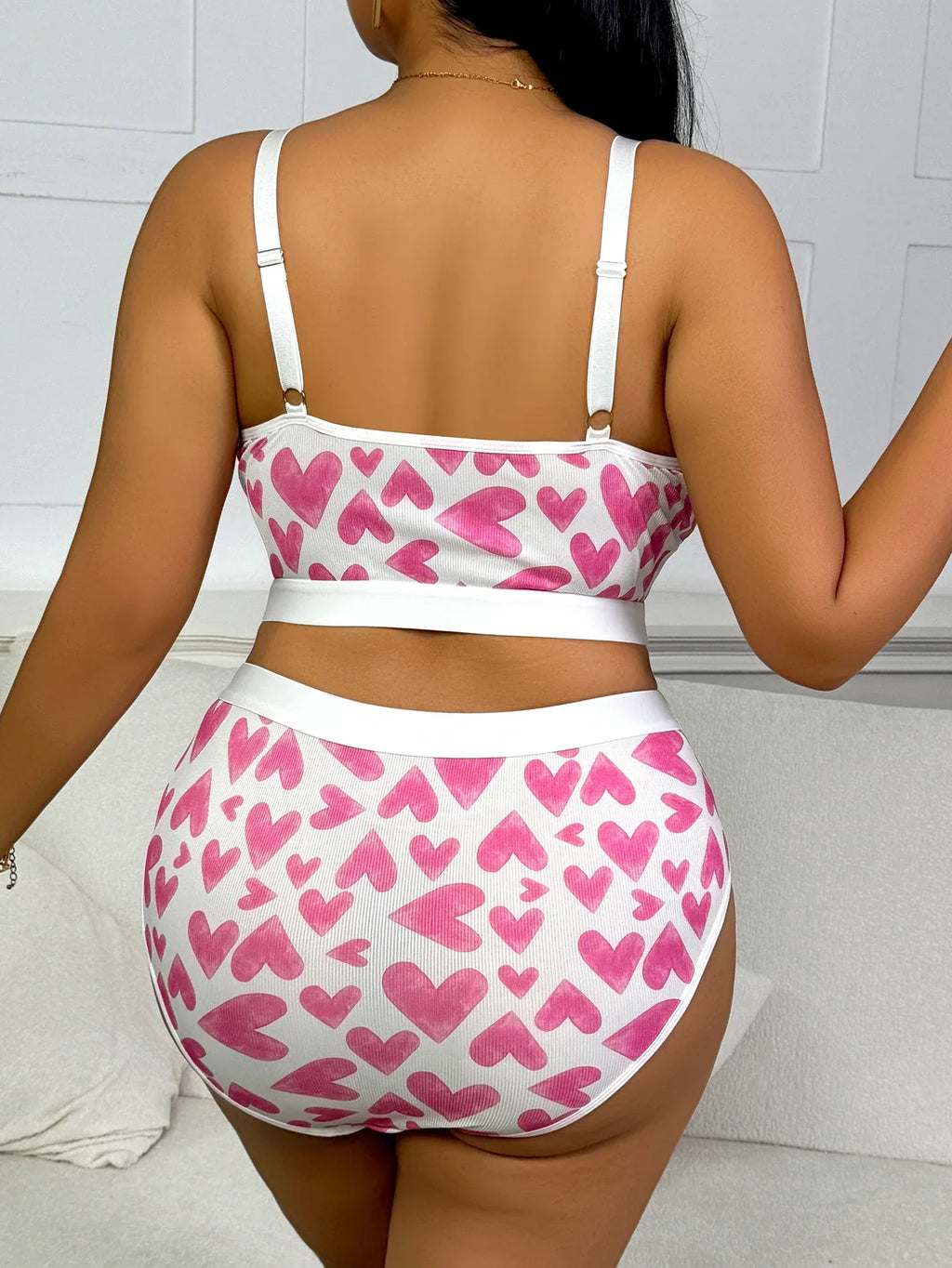 New Arrival Plus Size Sexy Heart Print Lace Lingerie Set, Plunge Cami Bra and Panty