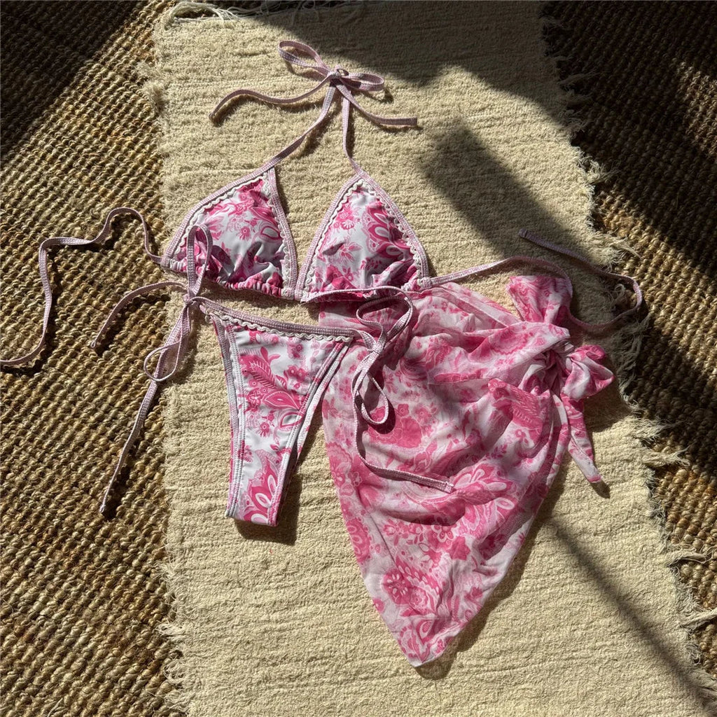With Sarong Printed Halter Bikini Women Swimwear Female Swimsuit Three-pieces Bikini set Padded Bather Bathing Suit Swim V6966