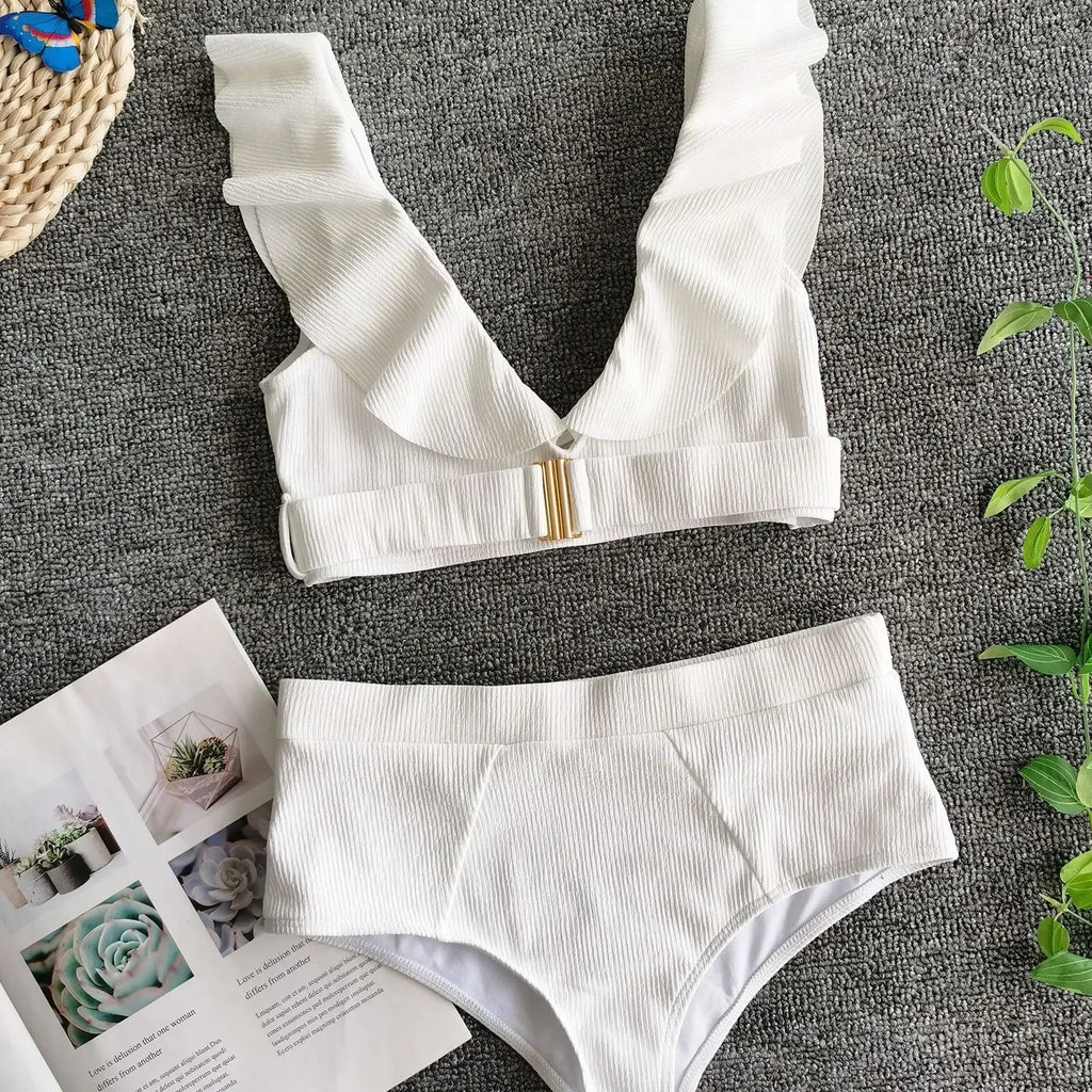 2026 New Sexy Bikini Women White Swimwear Swimsuit Ruffle V-neck Metal Buckle High Waist Beach Bikinis Set Bathing Suit Push Up