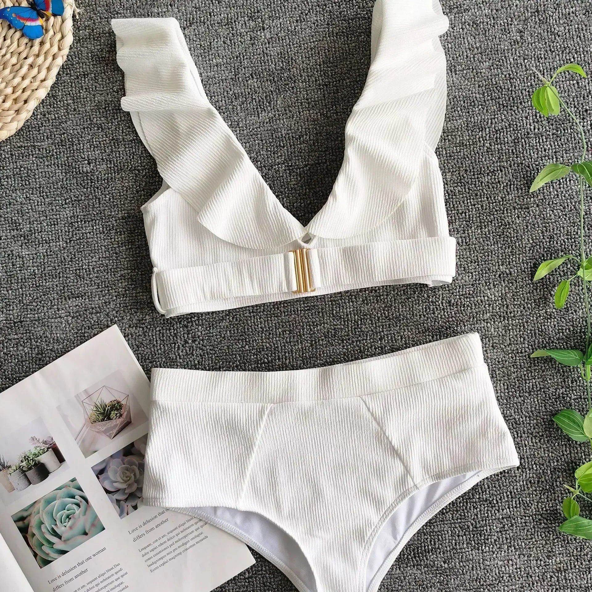 2026 New Sexy Bikini Women White Swimwear Swimsuit Ruffle V-neck Metal Buckle High Waist Beach Bikinis Set Bathing Suit Push Up