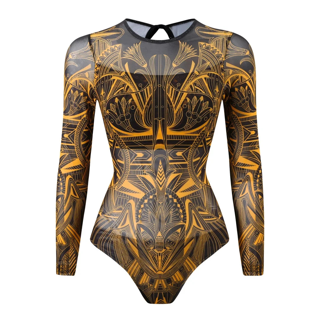 S - XXL Printed Long Sleeve With Sarong One Piece Swimsuit Women Swimwear Female Flowers Padded Bather Bathing Suit Swim K7181
