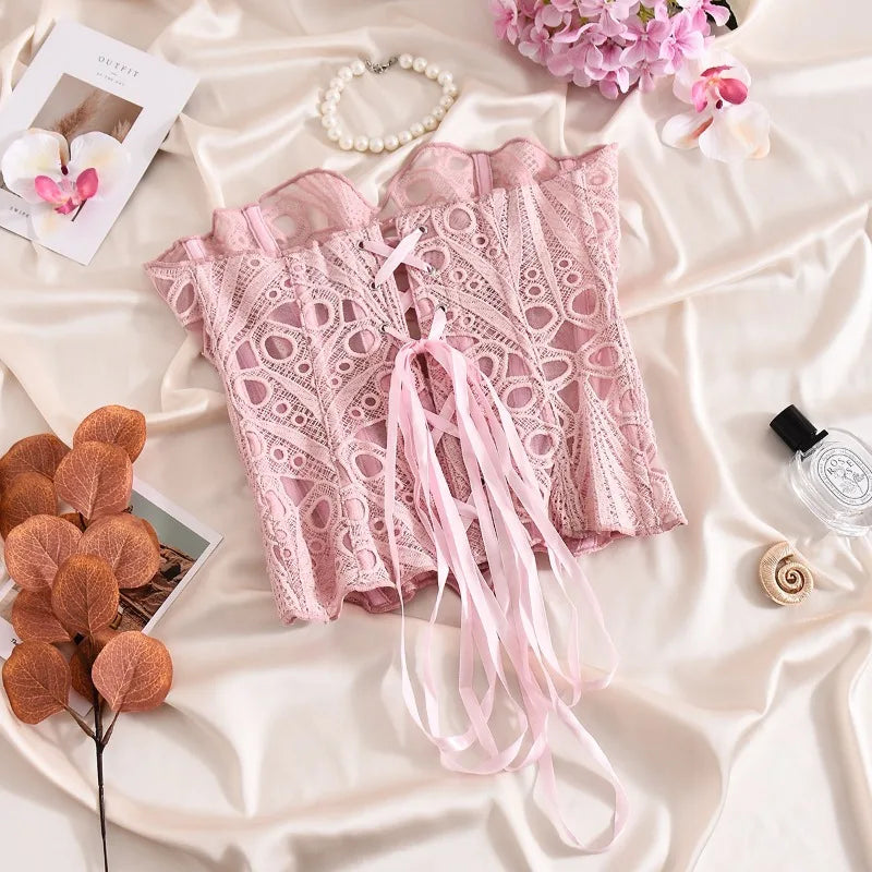 Toucheart Hot Girl Suspender Sexy Top with Fishbone Corset Intimate Hollow See-through Lace Classic Romantic Retro Palace Corset