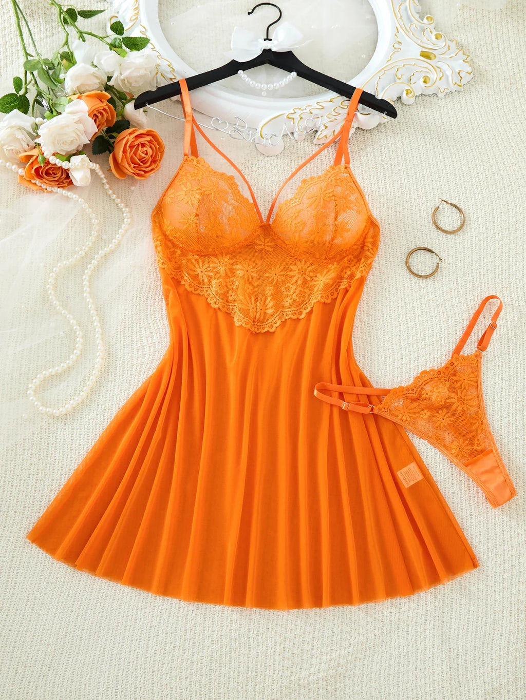 Vibrant Orange Lace Netting Sleep Skirt Set - French Deep V Straps Transparent Sexy Sleep Pantie Two-Piece Set ZA825096