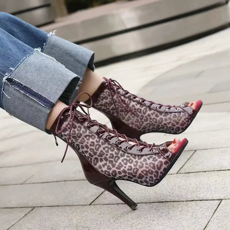Sexy Leopard Pattern Mesh Thin Heel High Heel for Women Elegant Size 43 Breathable Sandals Lace Up Peep Toe Cool Boots