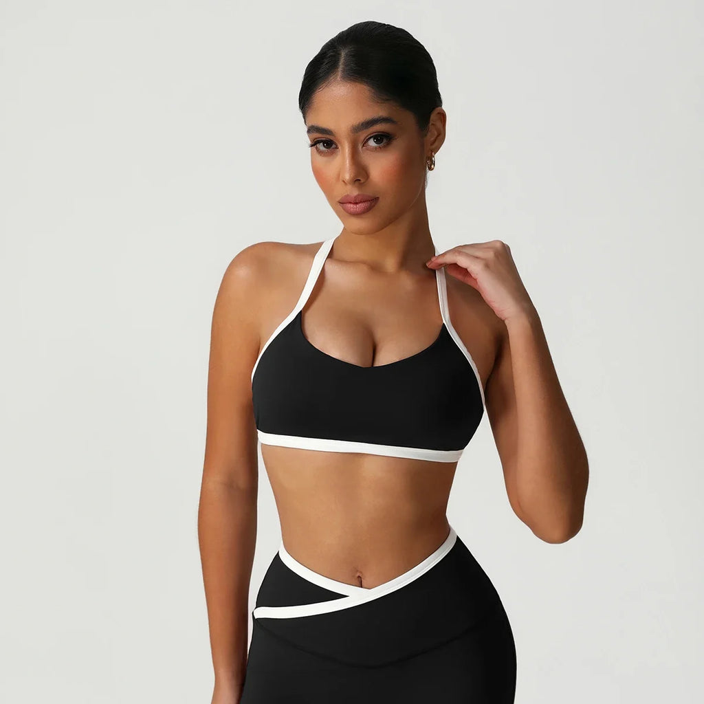 Women Training Yoga Elastic V-Back Fitness Top Contrast Color Cycling Casual Run Sport Bra