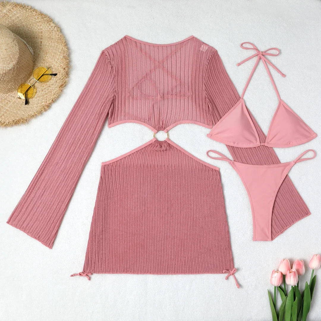 With Long Sleeve Cover Up Halter Bikini Women Swimwear Female Swimsuit Three-pieces Bikini set Bather Bathing Suit Swim V5123