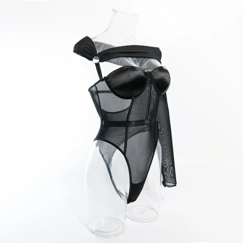 Toucheart Sexy Lingerie One-shoulder Sleeve Body Shaping Jumpsuit Women Push-up Chest Cotton Splicing Mesh Perspective Underwear