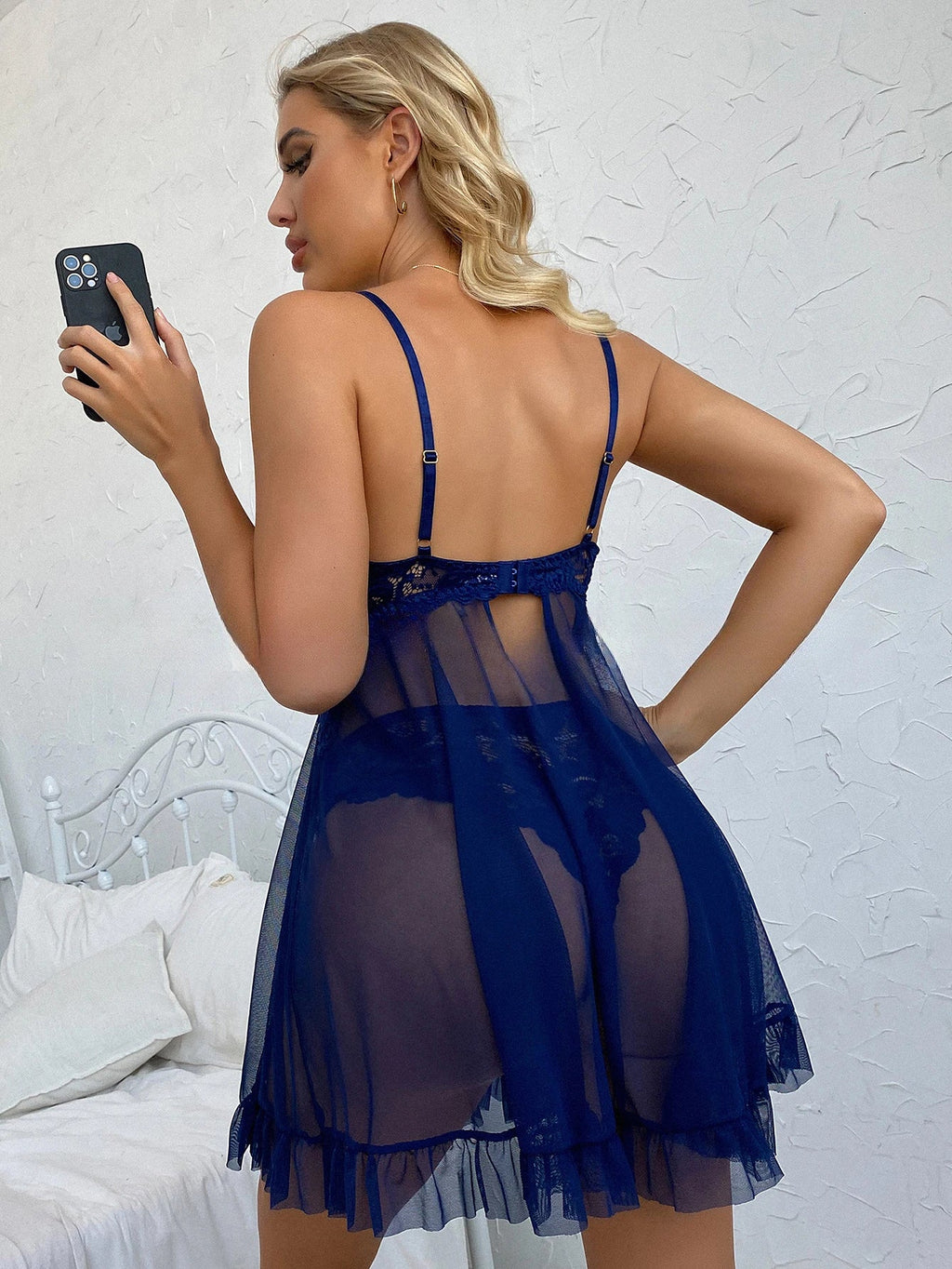Toucheart Contrast Lace Nightgown Deep V Backless Bow Slip Dress Women Sexy See-Through Slit Lace Pajama 2-Piece Set With Thong