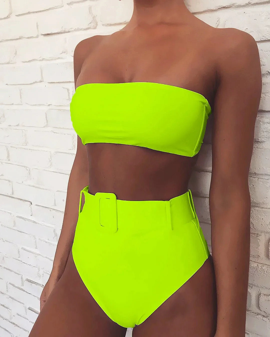 3 Colors Sexy Bikini Bandeau Women Solid Leopard Print High Waist Swimwear Swimsuit Beach Bikini Set Bathing Suit With Waistband