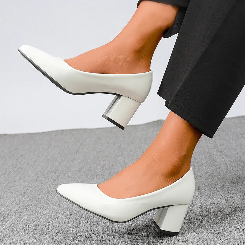 Plus Size 42 Pointed Toe Thick Heels Pumps Women Slip On Pu Leather High Heels Shoes Woman High Heeled Office Party Shoes Ladies