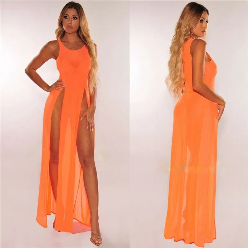Summer Bikini Cover Up Women Beach Sundress Sexy Mesh Sheer Long Dress Solid See-through Sleeveless Strap Beach Dress