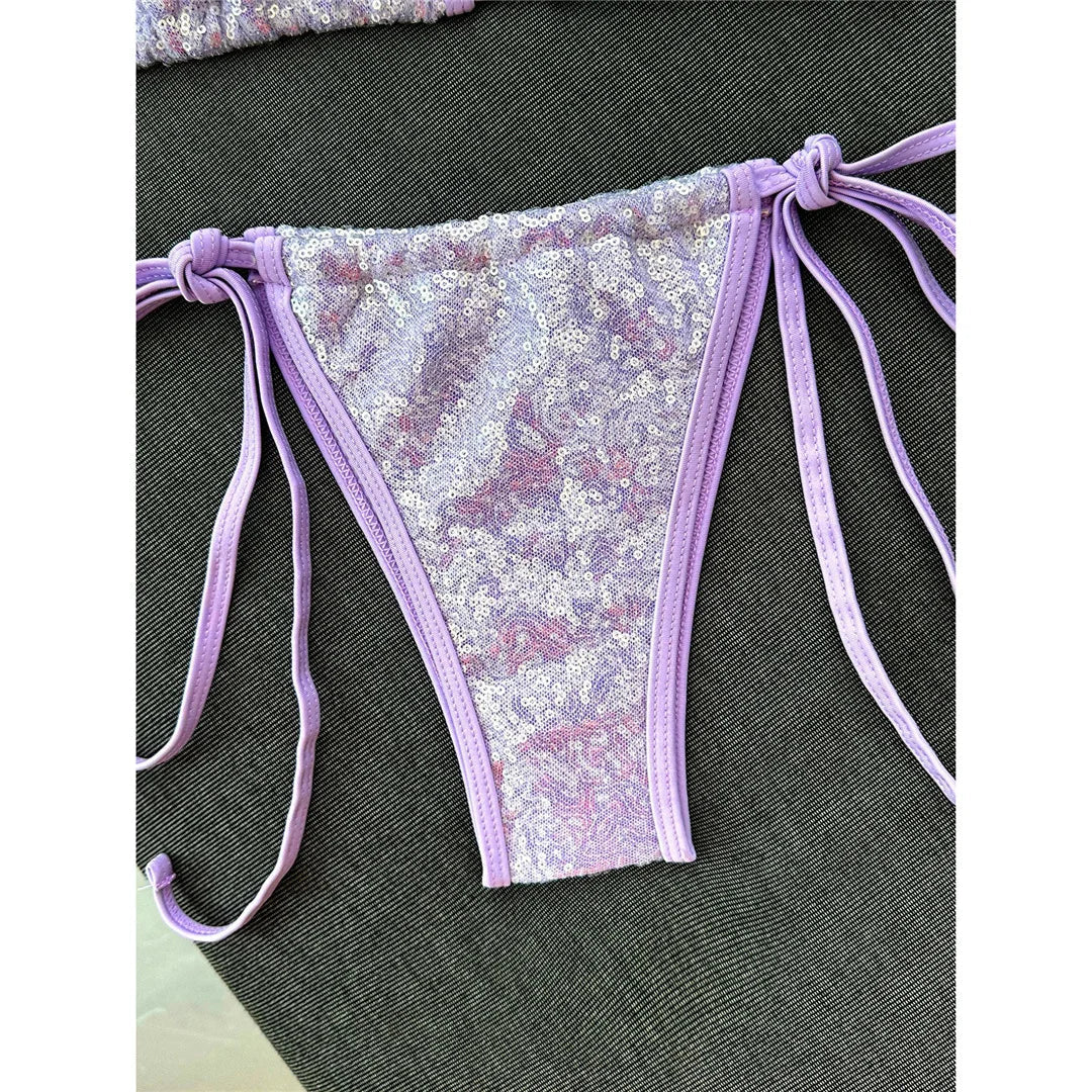 Sequins Halter Bikini Female Swimsuit Women Swimwear Two-Pieces Bikini Set High Cut Leg Padded Bather Bathing Suit Swim V8302