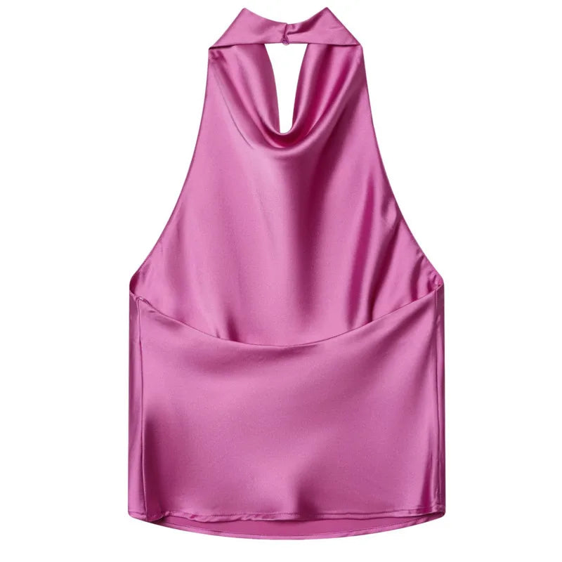 Women's Fashionable Sleeveless Halter Neck Top With Silk Satin Cowl Backless Sleeveless Blouse For Women Elegant Summer Top 3QM8