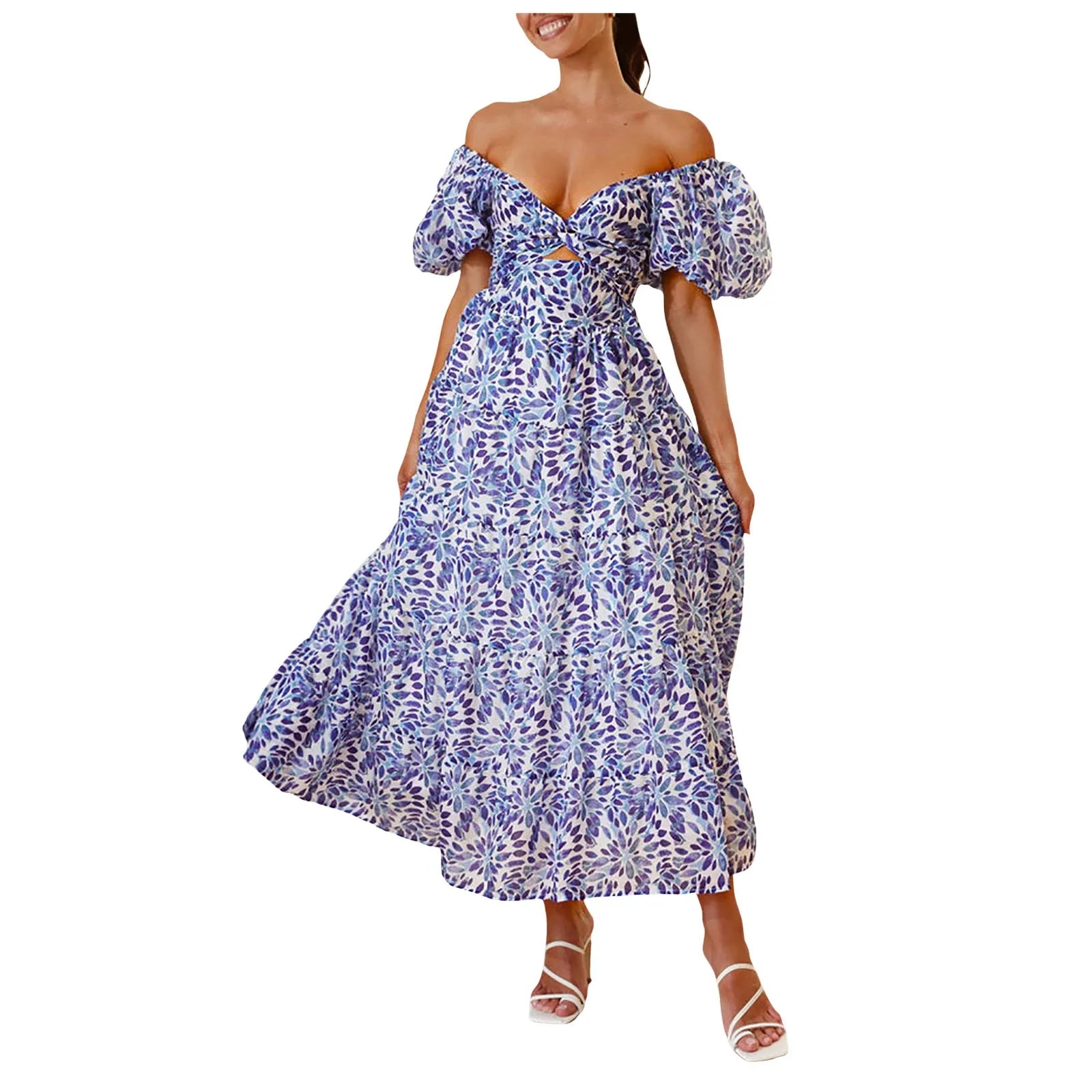 Sexy Dresses For Women Summer Trendy Boho Floral Printed Short Sleeve Vestido Seductive Off Shoulder Knee Length Dress For Woman