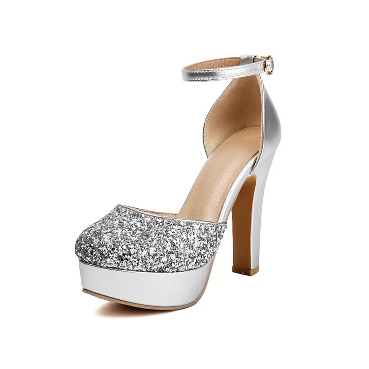 Sequins Glitter Closed Toe Bling Bling Sparkle Women Summer Block High Heels for Evening Dress Platform Sexy Gold Silver Sandals