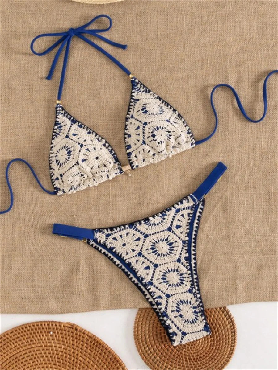 Sexy Blue Patchwork Knitted Bikini Set Women Halter Push Up Bra Thong Swimsuit 2026 Summer Bathing Suit Two Piece Swimwear