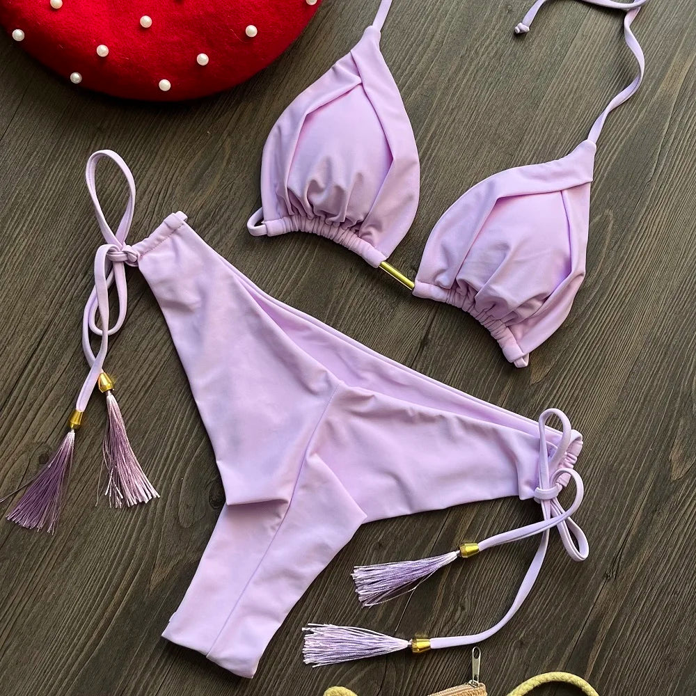 New Solid Color Bikini Set 2026 Women's Swimsuit Hanging Neck Rope Split Swimsuit 2-piece Set Summer Beachwear