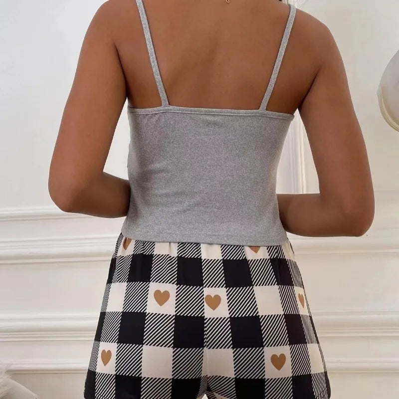 Summer Women's Sexy Camisole Pajama Set Women's Printed Letter Top Paired with Checkered Printed Shorts Home Pajama Set