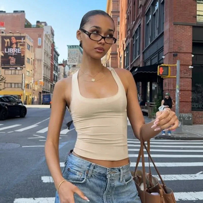 Women's Fashion Solid Tank Tops 2026 Streetwear Sleeveless T-shirt Female Square Collar Skinny Corset Y2K Girls Gray Crop Top
