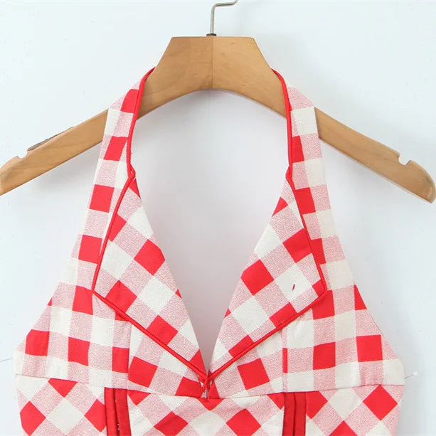 Spring And Summer New Style Sweet Red Plaid Unique Back Drawstring Top Halter Neck V-neck Sexy Slim-fit Tank Top Casual UH75