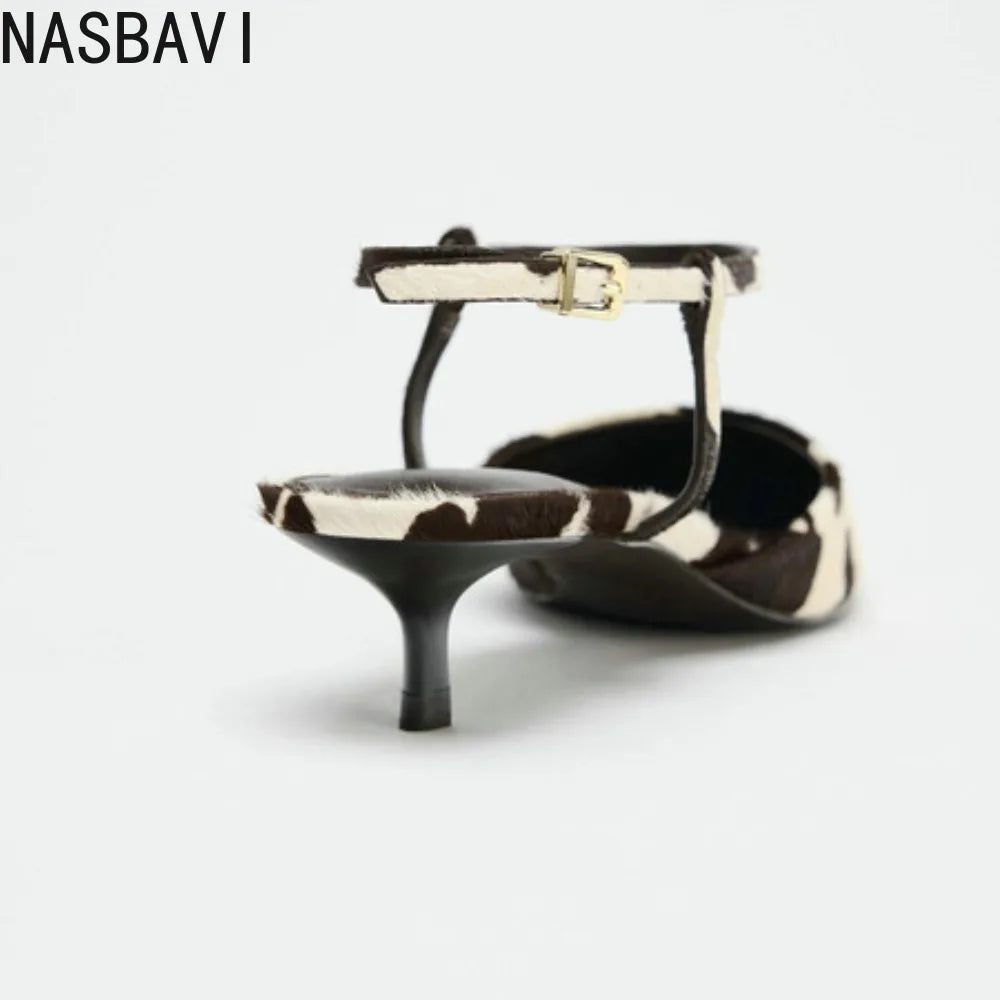 NASBAVI Plus Size 34-43 New Horsehair Women Sandals Stiletto High Heels Pointed Toe Buckle Strap Summer Shoes Ladies Party Shoe