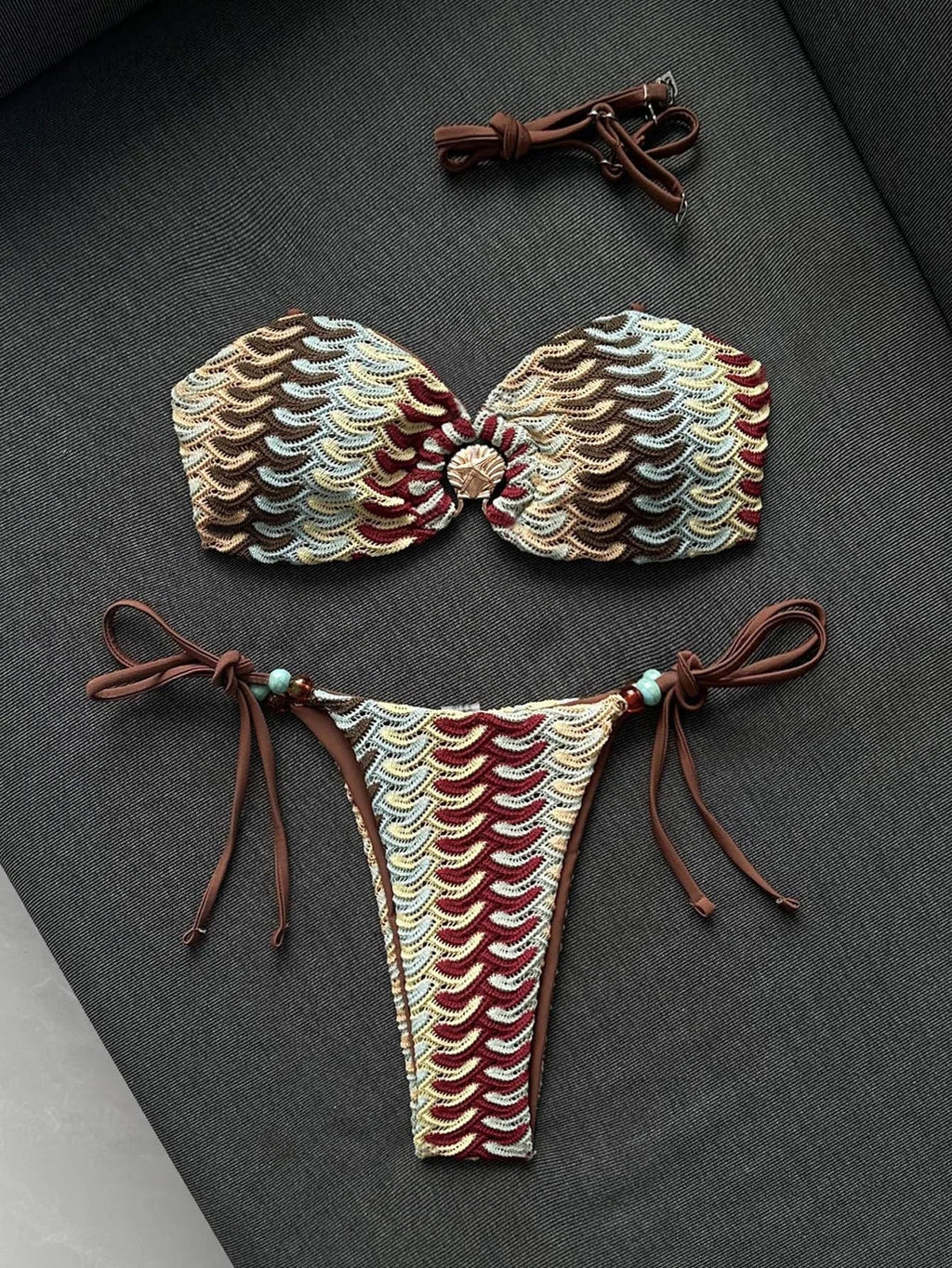 Sexy Coffee Striped Micro Bikini 2026 Women Bandeau Metal Shell Push Up Bra Bandage Thong Swimwear Beach Bathing Suit Swimsuit