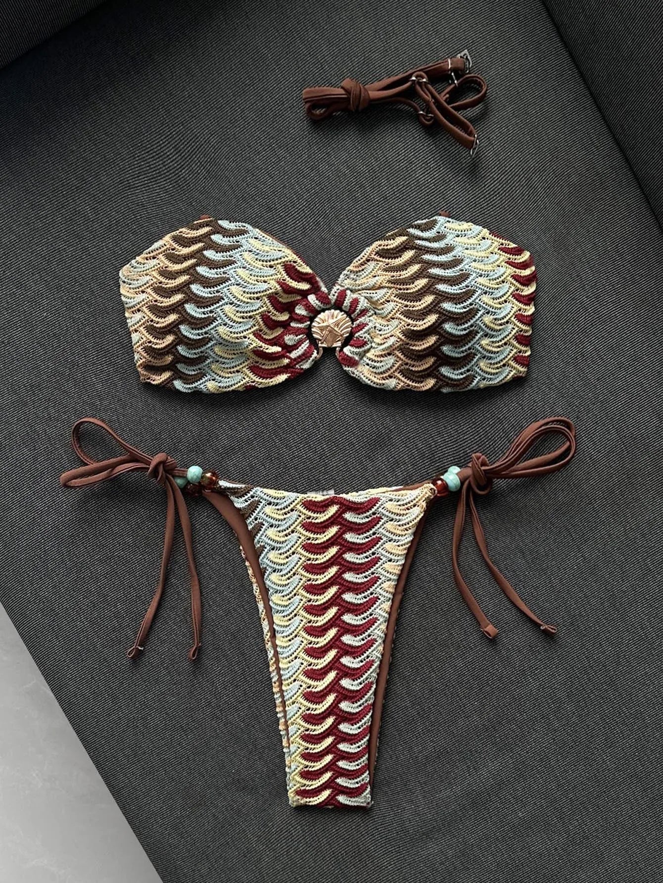 Sexy Coffee Striped Micro Bikini 2026 Women Bandeau Metal Shell Push Up Bra Bandage Thong Swimwear Beach Bathing Suit Swimsuit