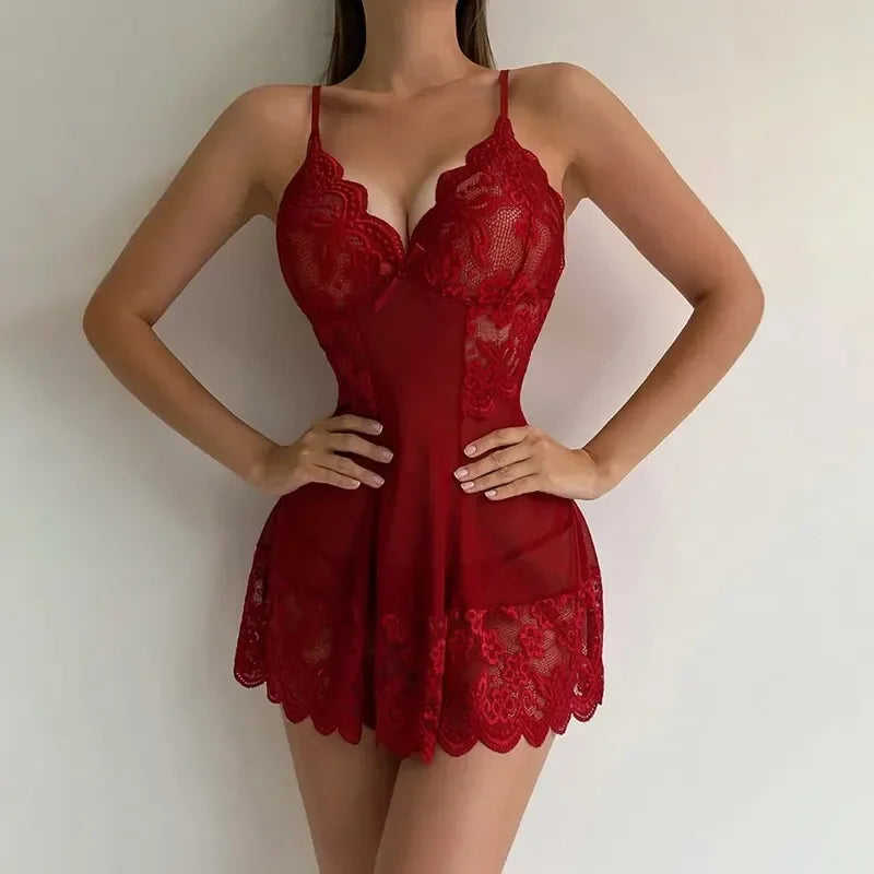 Sexy Lace Lingerie Set Short Nightdress Women Perspective Underwear Suspender Slim Dress Lolita Exotic Costume Sleepwear