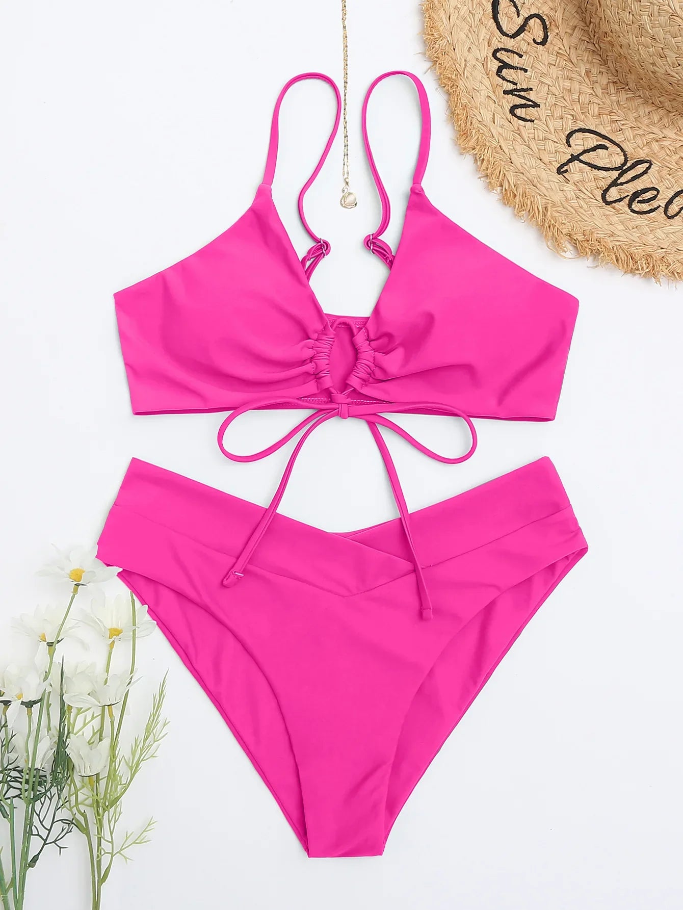 New Women's Swimsuit High Waist Two Piece Bikini Set Hollow Out V-neck Bandage Cross Backless Beach Swimwear Summer Bathing Suit