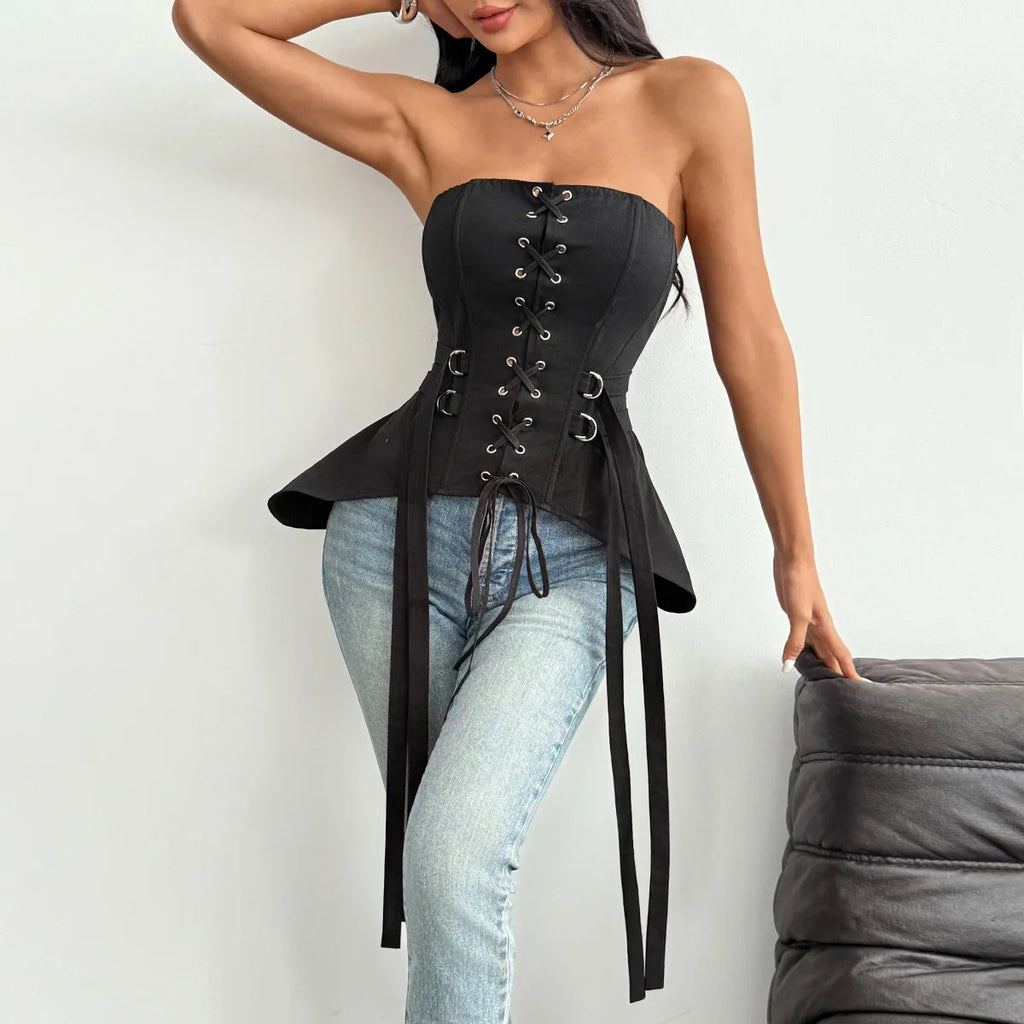 Sexy Strapless Waist Cinching Vest Women Black Ouble Metal Buckle Unique Woven Slimming Shaping Fishbone Ruffles Tank Tops