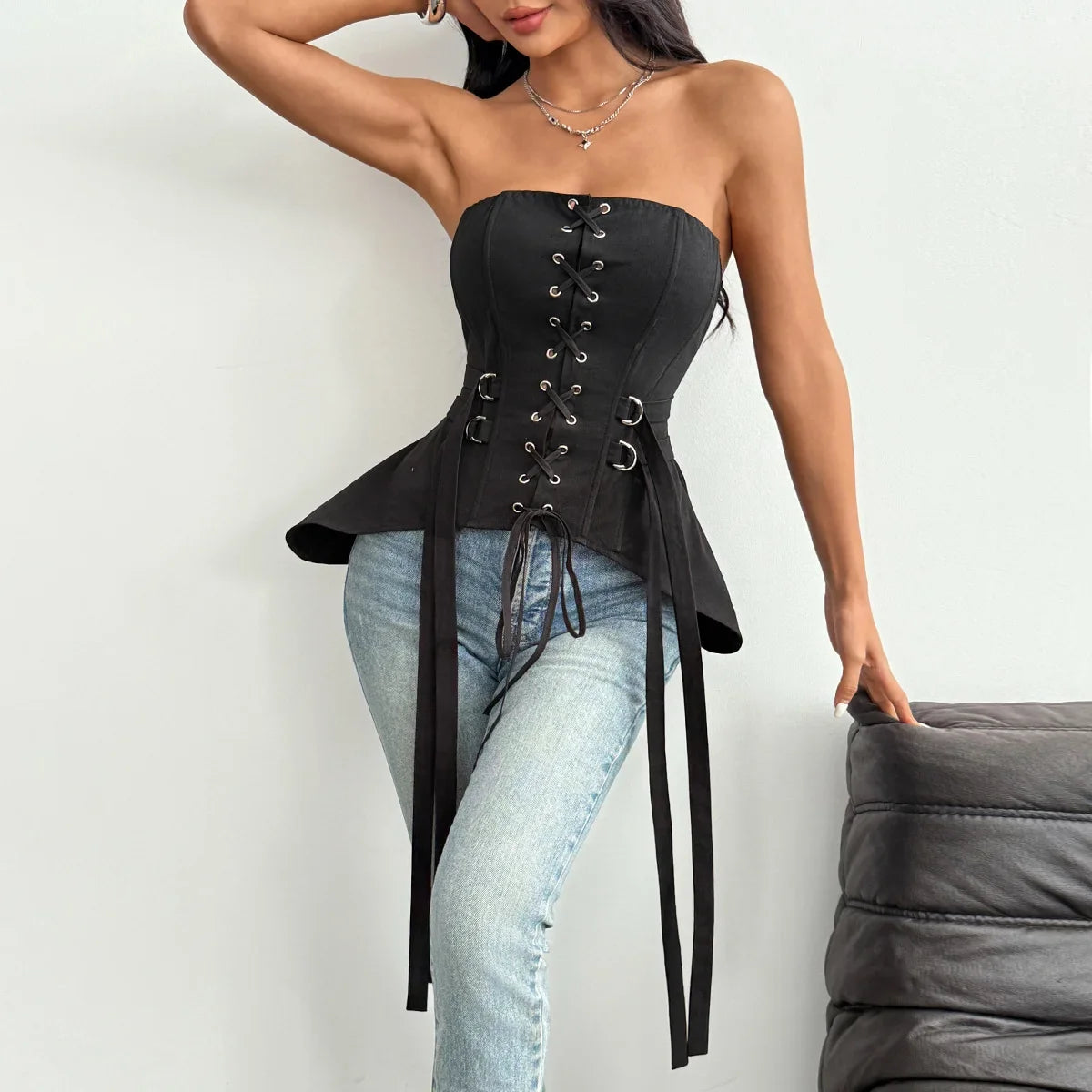 Sexy Strapless Waist Cinching Vest Women Black Ouble Metal Buckle Unique Woven Slimming Shaping Fishbone Ruffles Tank Tops