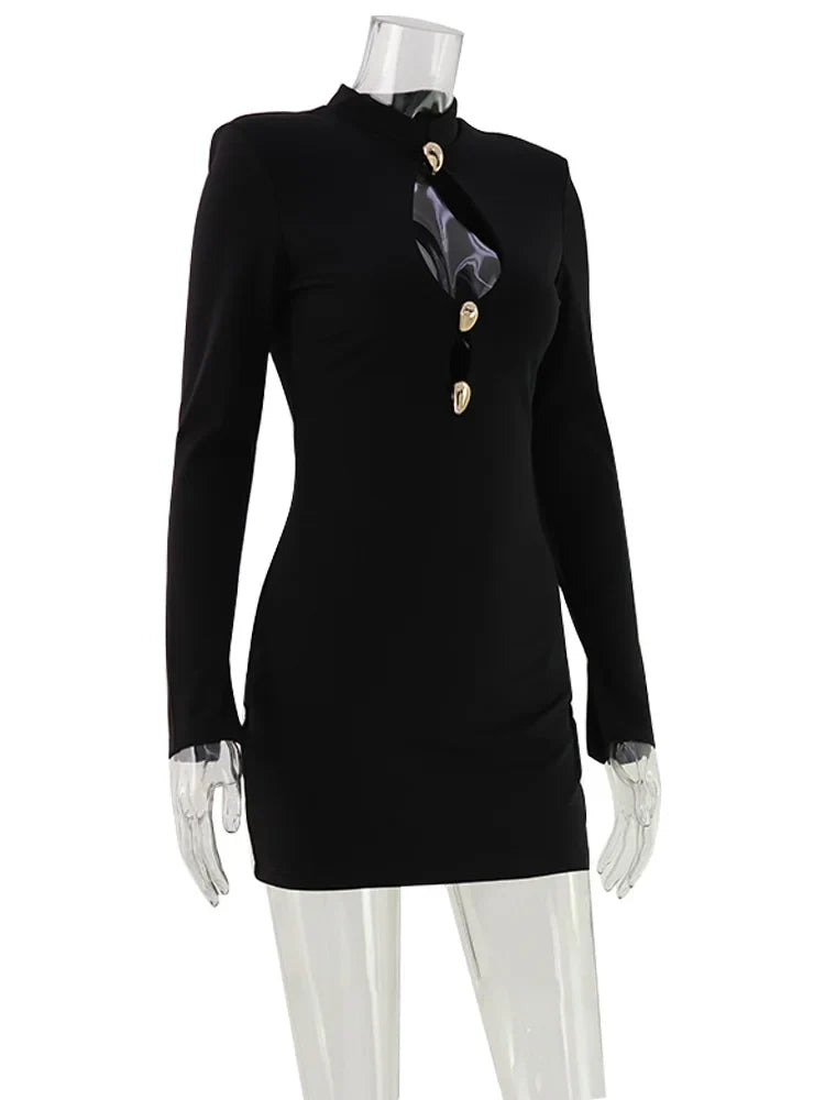 Ahagaga Fashion Women's Mini Dress Solid Hollow Out Regular Long Sleeves Sheath Bodycon Sexy Club Basic Casual Streetwear Female