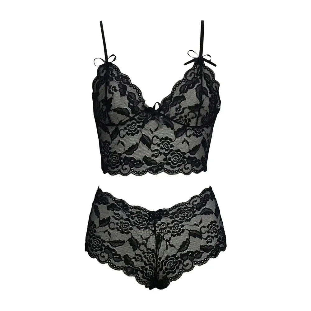 2026 New Floral Thin Lace Lingerie Set Women Triangle Cup Bralette Adjustable Strap Printed Intimate Underwear Suit