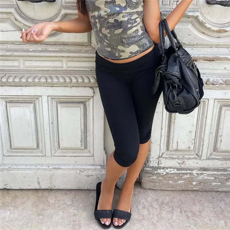 Y2K Low Waist Fold-Over Capri Leggings Solid Color Women High Stretch Slim Fit Knee Length Pants Streetwear Casual Summer Outfit