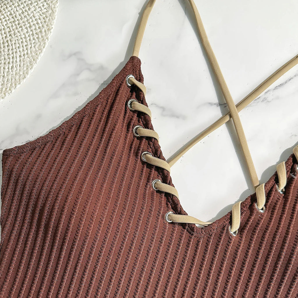 V Neck Wrinkled Ribbed Cross Backless One Piece Swimsuit Women Swimwear Female High Leg Cut Monokini Bather Bathing Suit Swim