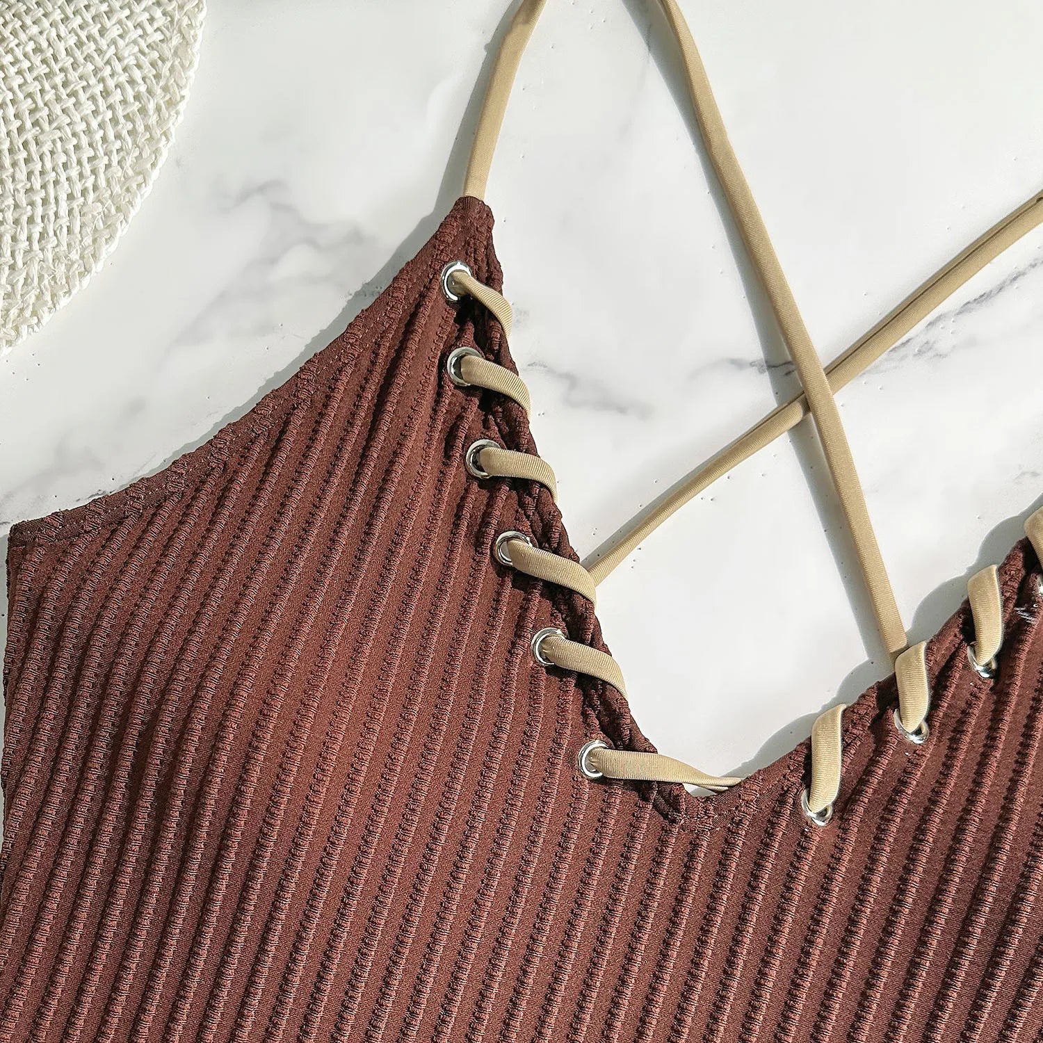 V Neck Wrinkled Ribbed Cross Backless One Piece Swimsuit Women Swimwear Female High Leg Cut Monokini Bather Bathing Suit Swim